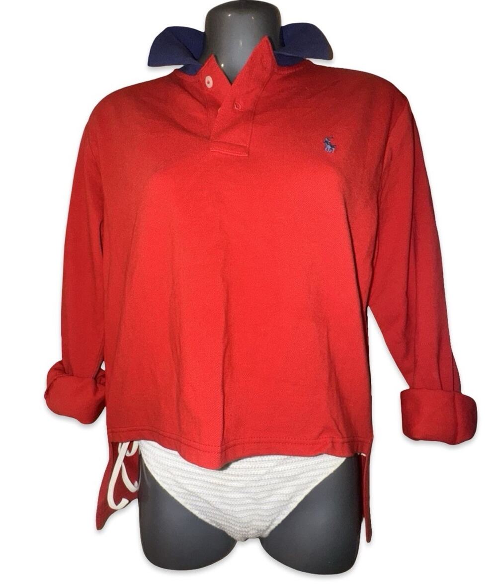 Ralph Lauren Crop Top Long Sleeve Polo Shirt 100% Cotton Sz Woman’s S-M